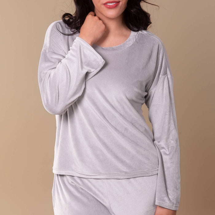Soft Grey Luxe Lounge Pajama Top | Long-Sleeve Velour PJs