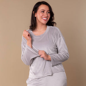 Soft Grey Luxe Lounge Pajama Top | Long-Sleeve Velour PJs