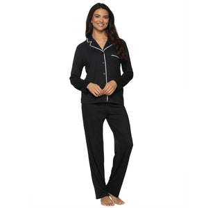 Jessie Stretch Jersey Long Sleeve & Pants PJ Set - Black