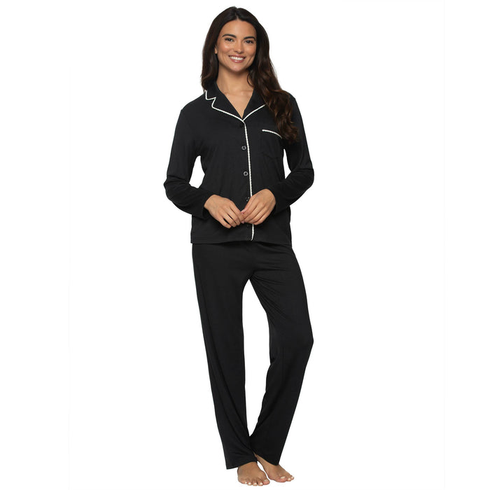 Jessie Stretch Jersey Long Sleeve & Pants PJ Set - Black