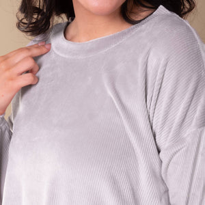 Soft Grey Luxe Lounge Pajama Top | Long-Sleeve Velour PJs