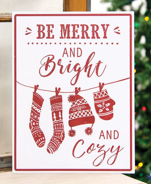 Merry, Bright & Cozy Metal Sign