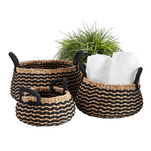 Black Stripe Round Basket with Handle