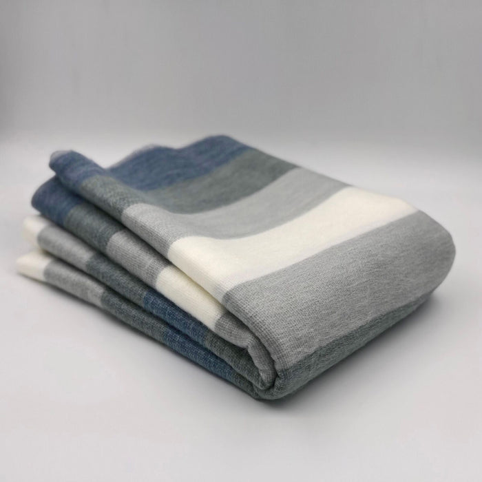Baby Alpaca Wool Throw Blanket - White/Blue/Grey