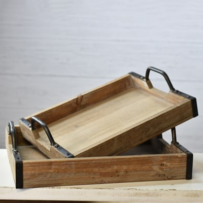Wood Tray with Industrial Metal Handles Small